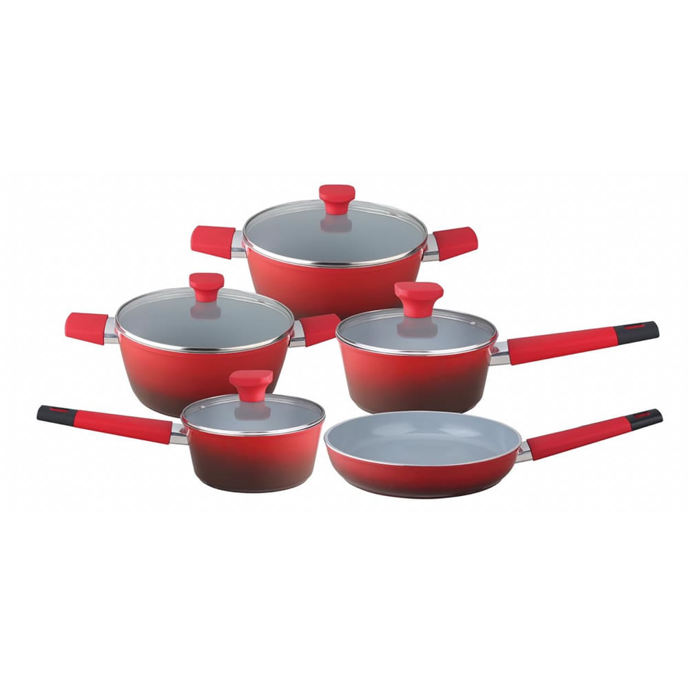 Jogo de Panelas Inducao 5 Pecas Vermelho Revestimento Ceramico Baccani
