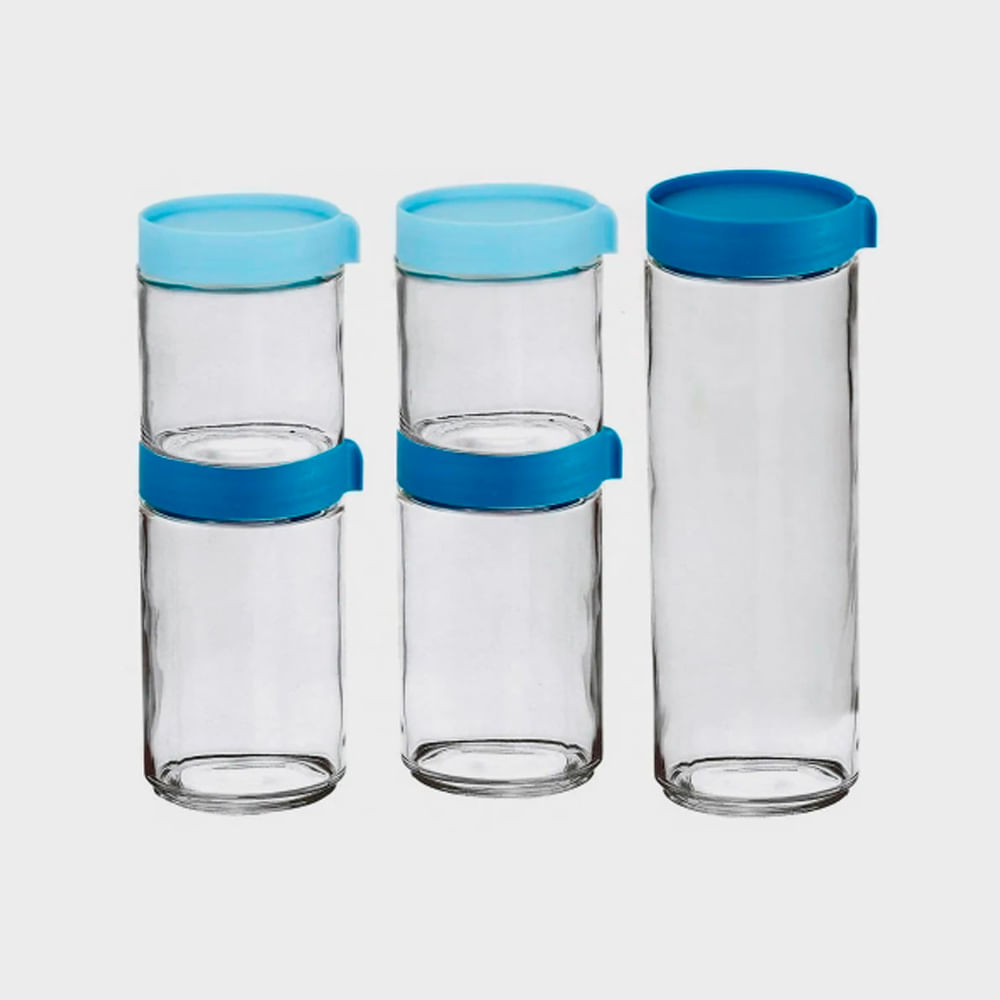 Jogo C/5 Potes de Vidro Kitchen Blue P/ Mantimentos Povi197  Casambiente