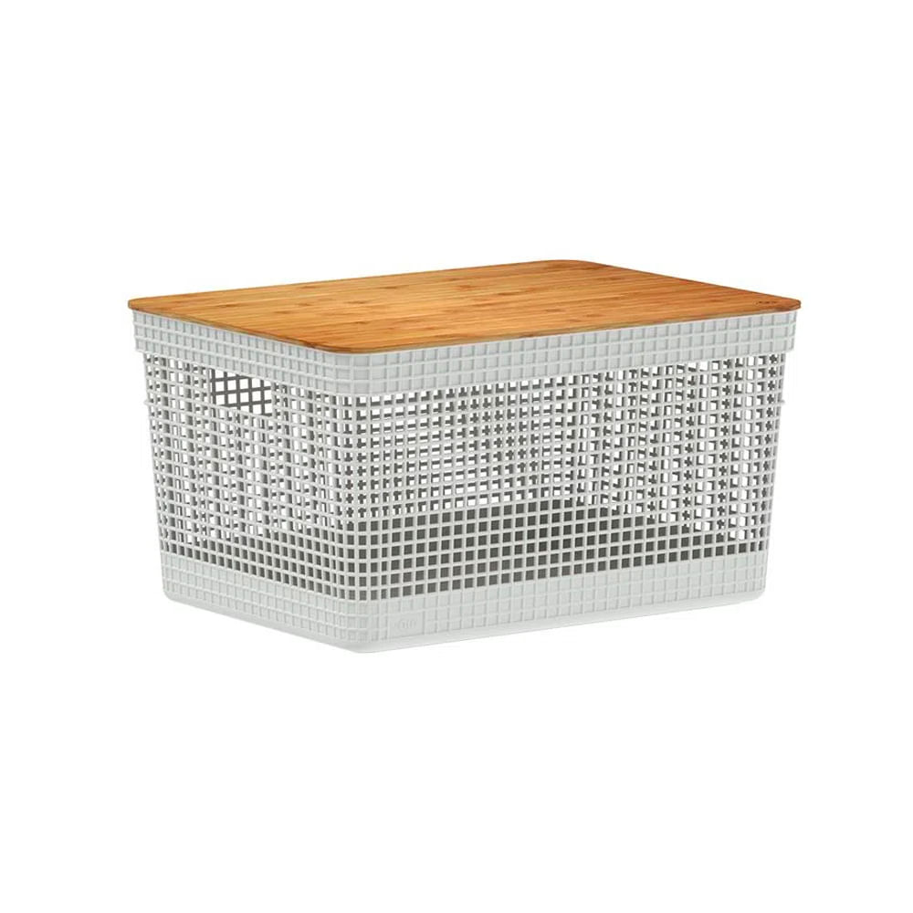 Cesto Grid C/ Tampa de Bambu 20l Branco 18233