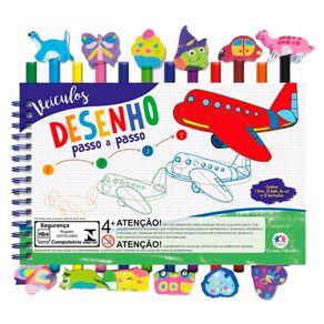 Livro Com Desenhos Passo a Passo Para Colorir Veiculos + 12 Lapis de Cor Livro Com Desenhos Passo a Passo Para Colorir Veiculos + 12 Lapis de Cor