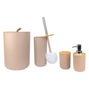 Conjunto P/ Banheiro C/ Escova Sanitaria, Dispenser, Porta Escova e Lixeira de Plastico e Bambu Conjunto P/ Banheiro C/ Escova Sanitaria, Dispenser, Porta Escova e Lixeira de Plastico e Bambu