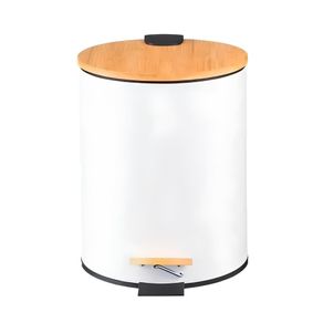 Lixeira Redonda Branca C/ Cesto Interno e Pedal e Tampa de Bambu 5 Litros Lixeira Redonda Branca C/ Cesto Interno e Pedal e Tampa de Bambu 5 Litros