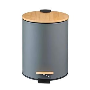 Lixeira Redonda Cinza C/ Cesto Interno e Pedal e Tampa de Bambu 5 Litros Lixeira Redonda Cinza C/ Cesto Interno e Pedal e Tampa de Bambu 5 Litros