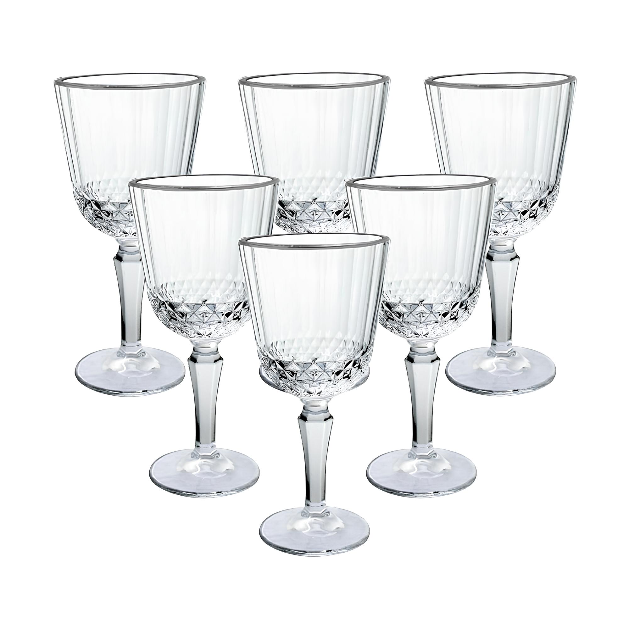 Jogo C/6 Tacas de Vidro 300ml Classic Transparente C/ Borda Prata P/ Bebidas e Drinks