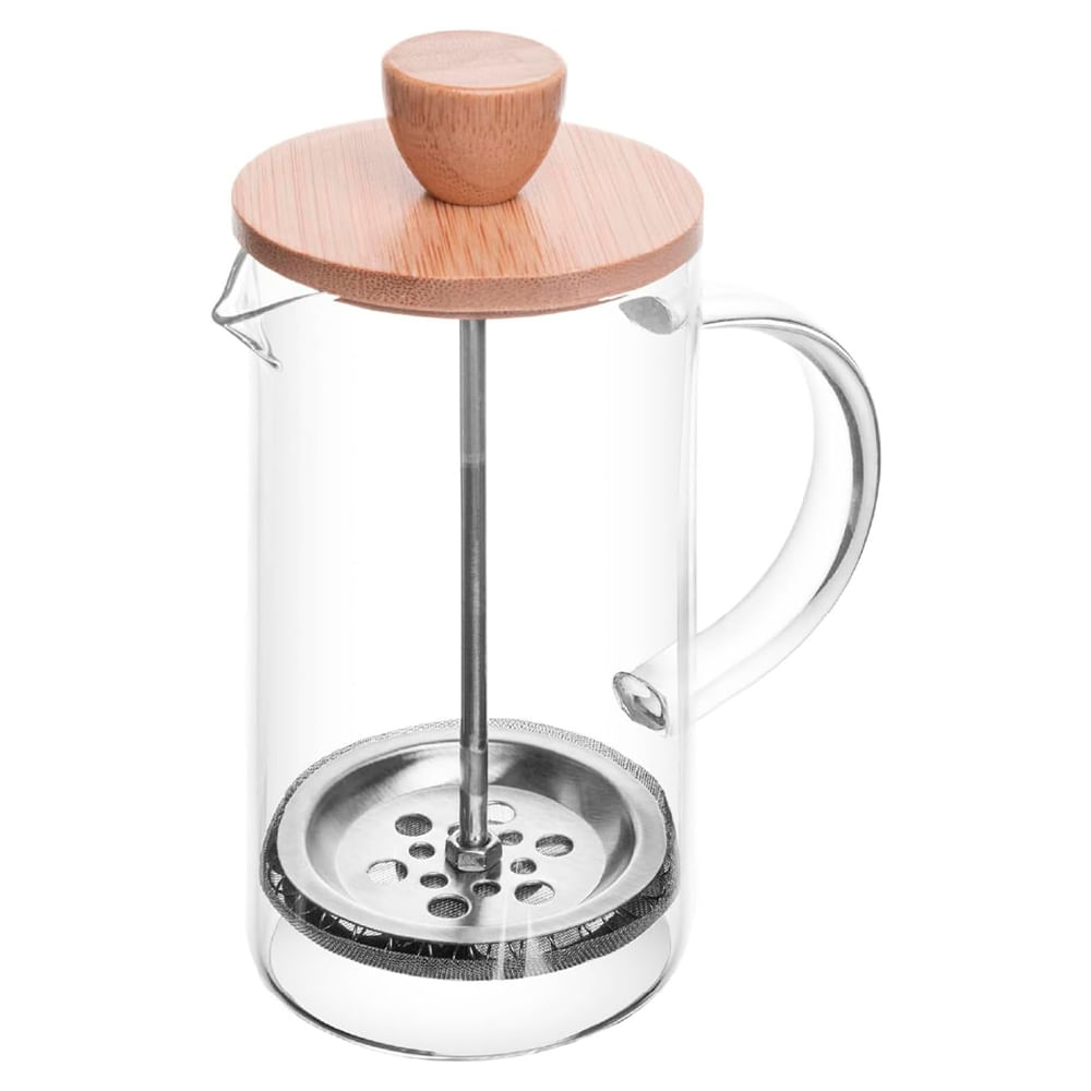 Cafeteira de Vidro Borossilicato Manual C/ Tampa de Bambu Prensa Francesa 600ml