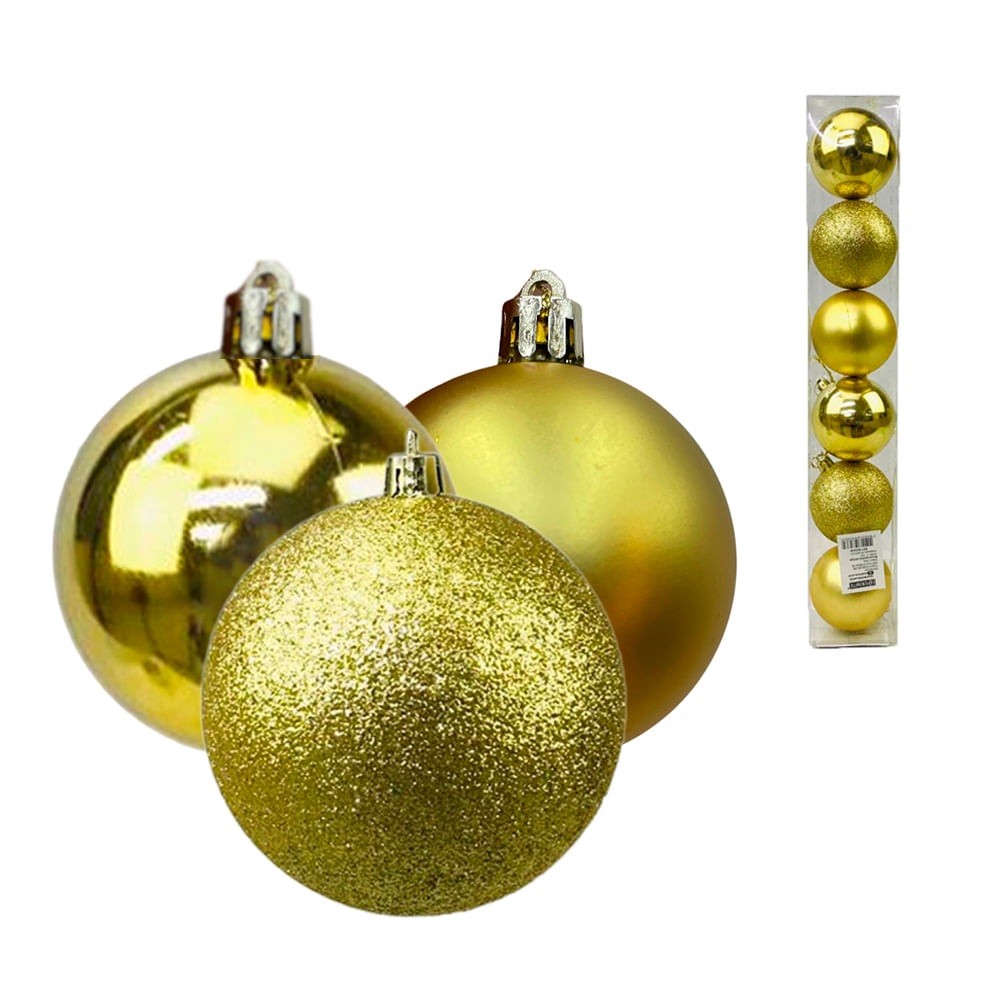 Kit C/6 Bolas Natalinas Douradas 6cm Fosco/brilhante/glitter Decoracao de Natal Ferimte