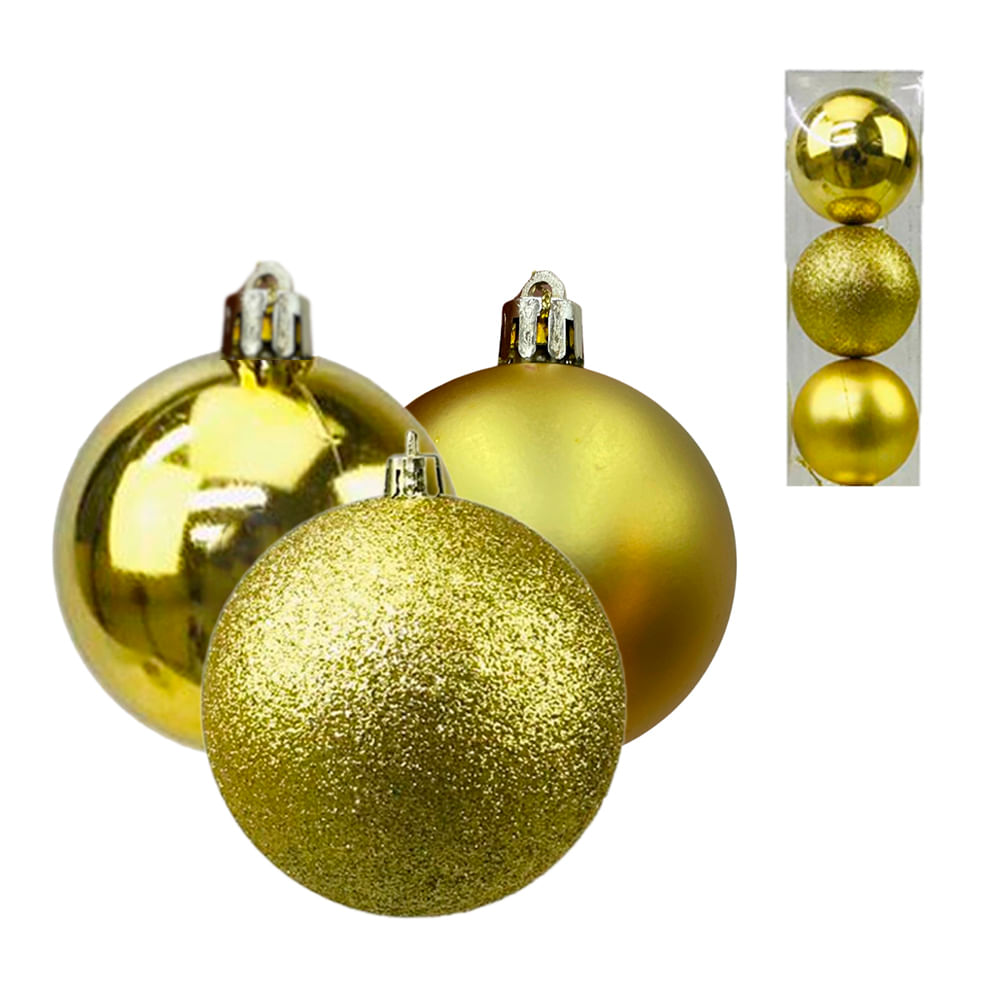 Kit C/3 Bolas Natalinas Douradas 10cm Fosco/brilhante/glitter Decoracao de Natal Ferimte