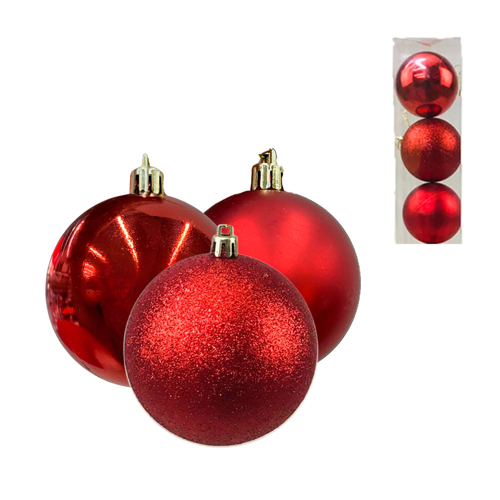 Kit C/3 Bolas Natalinas Vermelhas 10cm Fosco/brilhante/glitter Decoracao de Natal Ferimte