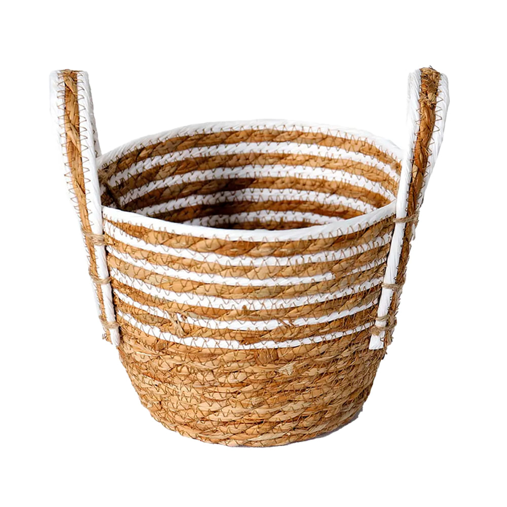 Cesto de Fibra Natural Branco C/ Alca Medio  26x20cm P/ Organizacao Decoracao
