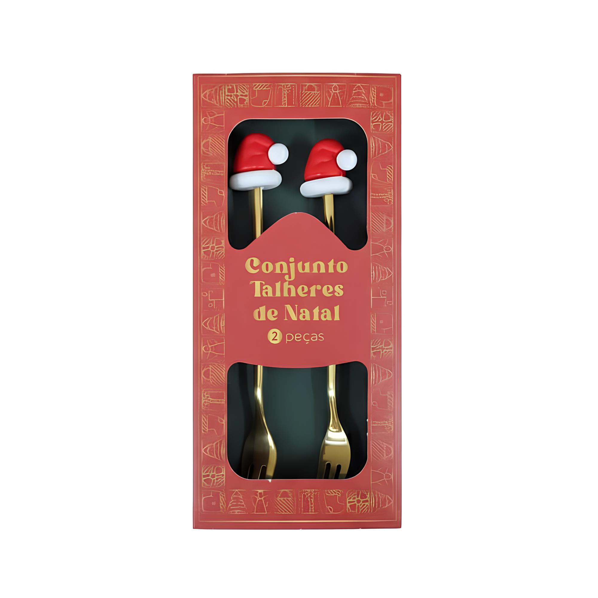 Conjunto C/2 Garfos Natalinos Dourados Com Gorro P/ Mesa Posta de Natal