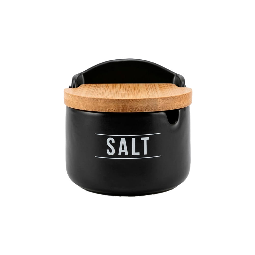 Saleiro Manhattan Preto de Porcelana C/ Colher e Tampa de Bambu 290ml Hauskraft